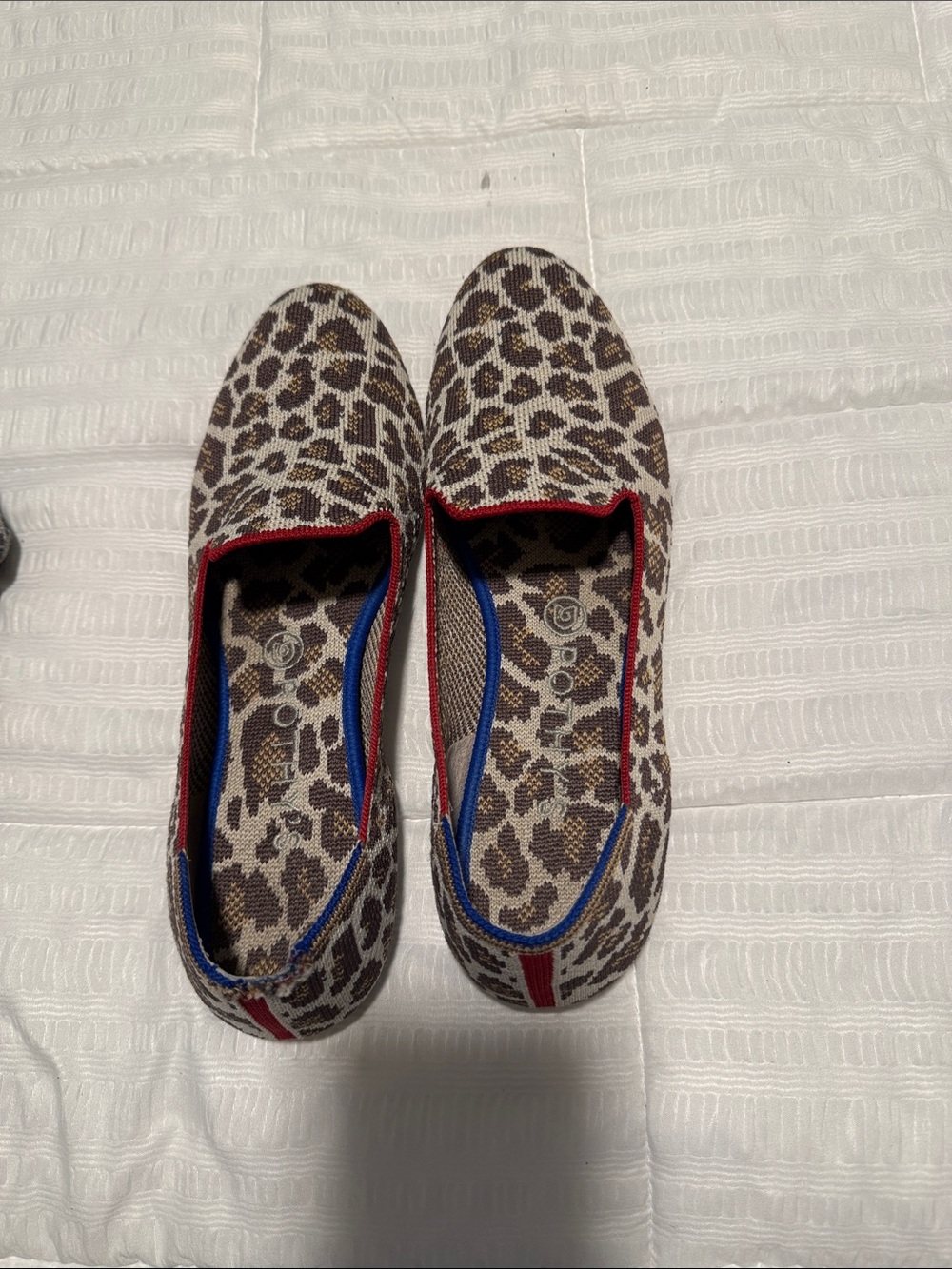 Rothy's Leopard Knit Slip-On Flats with Red Trim and Blue Piping